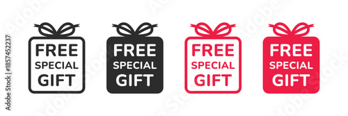 Free special gift icon. Gift box icon with a bow. Gift icon showing a wrapped box with ribbon. Surprise present box icon for offers and promotions