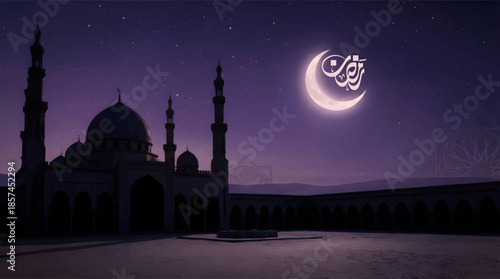 Beautiful Islamic Night Landscape with Masjid and Ramadan Calligraphy