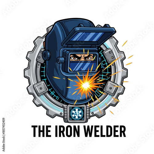 Futuristic iron welder mascot logo featuring a welding helmet with a robotic touch and ai symbol surrounded by sparks and metallic elements in a cartoonish style.