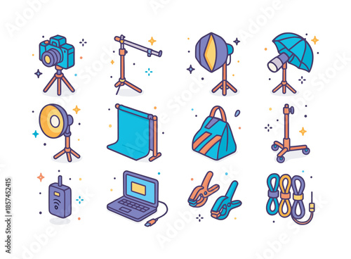 Studio Gear Icons. Studio photography gear. Colorful isometric vector icons set of Studio photography gear: studio camera on stand, C-stand with boom arm,