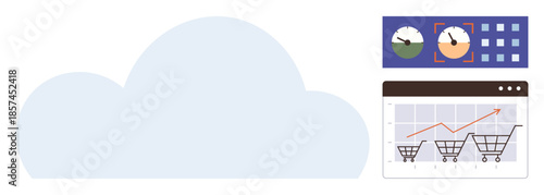 Cloud shape beside analytics dashboard showing charts, graphs, and shopping cart trends. Ideal for cloud computing, data management, e-commerce, digital marketing, tech trends, business analytics
