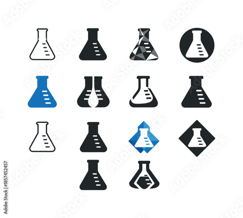 Volumetric Flask Icons. volumetric flasks. Icon set. Set Logo of volumetric flasks: flask with measurement marks. harmonious logo variations of the same