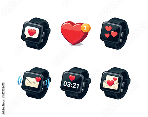 Love Message Alerts. Love message alerts. Isometric flat vector icons set of love message alerts: smartwatch showing heart-filled chat bubble, heart-shaped