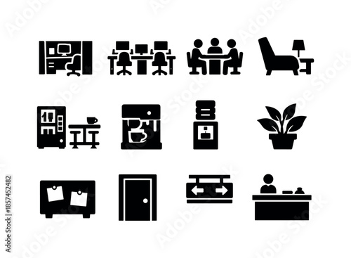 Work Environment Icons. Work environment. Solid icon set of work environment: office cubicle, open workspace, collaboration table, lounge chair, break area
