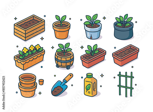 Isometric Garden Icons. Container gardening. Colorful isometric vector icons set of Container gardening: large planter box, terracotta pot, self-watering