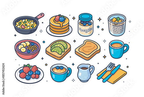 Colorful Vegan Breakfast Icons. High-protein vegan breakfasts. Colorful isometric vector icons set of High-protein vegan breakfasts: tofu scramble skillet,