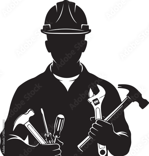 Silhouette tradesman holding tools
