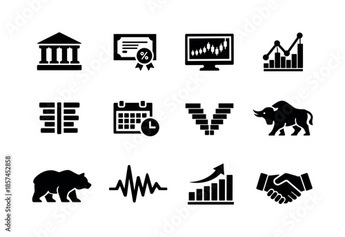 Financial Market Icons. Financial markets. Solid icon set of Financial markets: stock exchange building, bond market icon, trading screen, tick chart, order