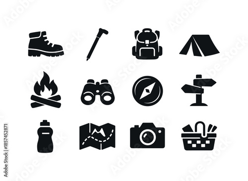 Outdoor Adventure Icons. Outdoor activities. Solid icon set of Outdoor activities: hiking boots, walking stick, backpack, tent, campfire, binoculars, compass,