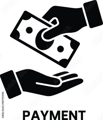 Vector Illustration of a Cash Payment Icon, Featuring Black Silhouettes of Hands Exchanging Money Bill for Business Transaction and Finance Concepts