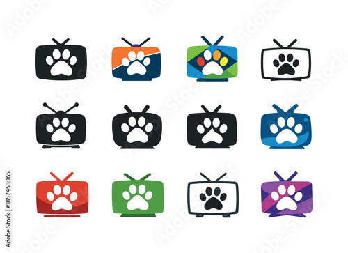 Animal Video Icons. animal videos. Icon set. Set Logo of animal videos: TV screen with paw icon. harmonious logo variations of the same emblematic concept,