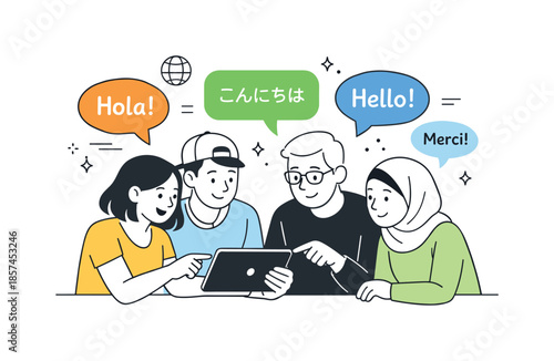 Multilingual Collaboration. Multilingual Teamwork. A small group of people collaborating around a tablet, speech bubbles in different shapes and styles
