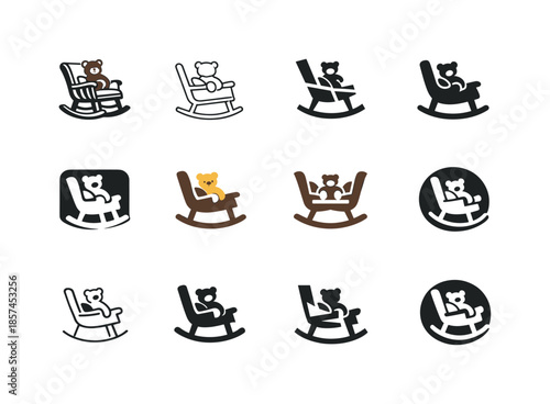 Rocking Chair Icons. A comfortable rocking chair in a nursery or reading room. Icon set. Set Logo of a comfortable rocking chair in a nursery or reading room: