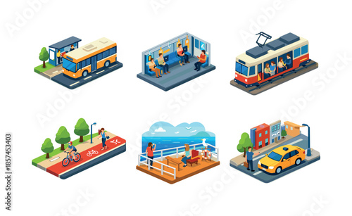 Colorful Public Transport Icons. Public transport. Isometric flat vector icons set of public transport: city bus route, metro train interior, tram with