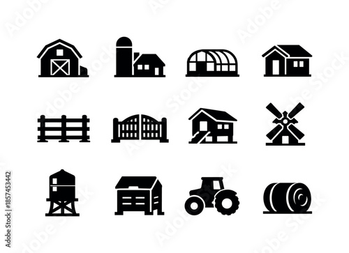 Farm Structure Icons. Farm structures. Solid icon set of farm structures: barn, silo, greenhouse, tool shed, fence, gate, chicken coop, windmill, water tank,