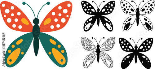 Vector Illustration of Butterfly Icon Set Featuring Colorful Spotted Wings and Black Silhouette Styles for Nature Entomology and Wildlife Concepts