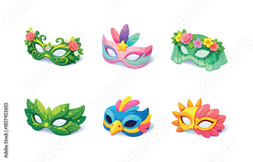 Spring Masquerade Masks. Masquerade spring masks. Isometric flat vector icons set of Masquerade spring masks: ornate garden mask, pastel carnival mask, floral