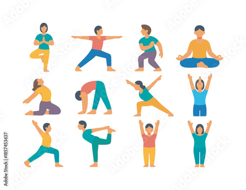 Yoga Posture Icon Grid. Focus postures. Colorful flat vector icons set of focus postures: tree pose, warrior II, standing twist, lotus pose, open chest pose,