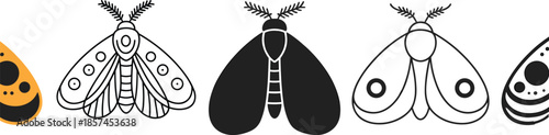 Vector Illustration of Moth Icon Set Featuring Line Art and Silhouette Styles for Nature Entomology Wildlife and Night Butterfly Concepts