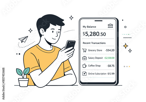 Seamless Mobile Banking. Mobile banking experience. A user reviewing balance and recent transactions on a clean app interface. Focused interaction and trust in