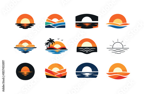 Sunset Logo Variations. Sunset. Icon set. Set Logo of sunset: ocean sunset glow. harmonious logo variations of the same emblematic concept, each with different