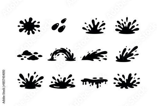 Mud Splash Icons. Mud Splash. Solid icon set of Mud Splash: mud splatter, flying mud droplets, splash impact, mud burst, scattered mud, splash arc, mud spray,