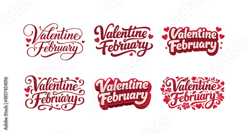 Valentine Lettering Variations. Valentine February banners. Set lettering. harmonious lettering variations of the same emblematic concept, each with different