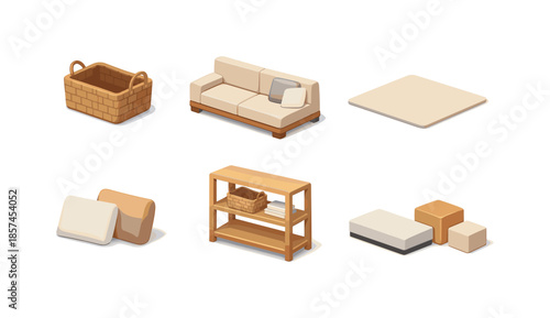 Minimal Living Room Icons. Minimal living room. Isometric flat vector icons set of minimal living room: simple woven basket, low-profile sofa, clean floor