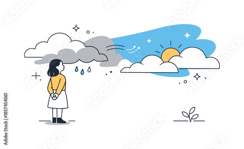Peaceful Sky Transition. Weather clearing sky illustration. Minimal layered clouds shifting from muted grey to bright blue, conveying a peaceful change in