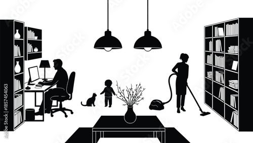 Black silhouette of a father working at his desk while a mother vacuums the floor near their child and cat.