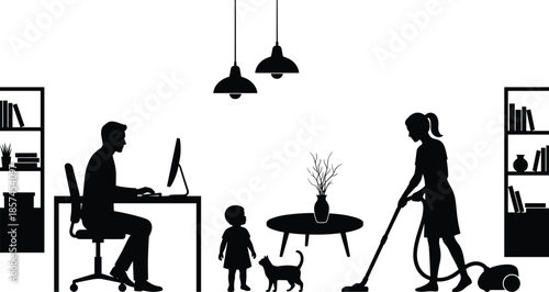 Black silhouette of a father working on computer while mother vacuums the floor near a small child and pet cat.