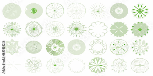 Collection of intricate green circular designs and patterns on a white background