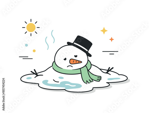 Melting Snowman Illustration. Snowman melting illustration. Minimal snowman slowly melting with soft puddles and gentle motion lines, expressing seasonal