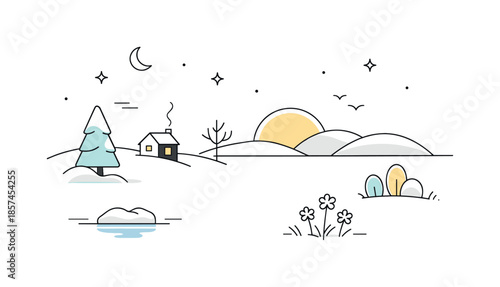 Minimalist Seasonal Transition. Fading winter calm. Minimal geometric forms gradually opening up, with more space and air appearing in the composition. The