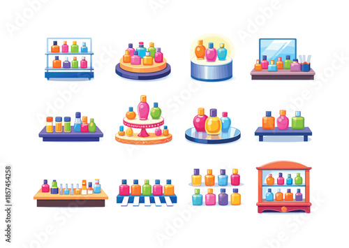 Perfume Display Icons. Perfume Display. Colorful flat vector icons set of Perfume Display: glass shelf stand, rotating display tray, lighted