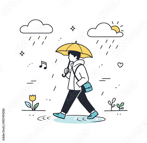 Gentle Spring Drizzle. Spring rain and weather. A calm editorial scene with a person walking under a small umbrella, light rain falling and soft clouds above,