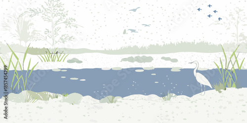 Serene wetland scene with birds reeds and a tranquil river landscape