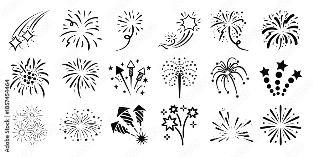 Fototapeta premium Collection of black line fireworks and shooting stars white celebration explosion