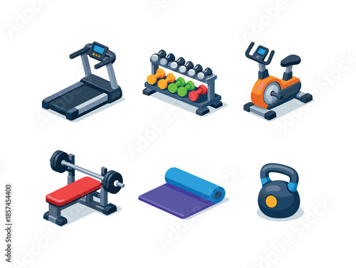 Colorful Gym Equipment Icons. Gym setup. Isometric flat vector icons set of gym setup: treadmill, dumbbell set, exercise bike, weightlifting bench, yoga mat,