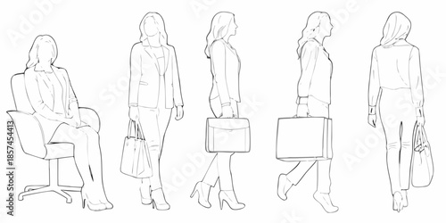 Line art illustration of five women in business attire and poses