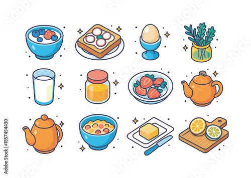 May Breakfast Icons. May breakfast table. Colorful isometric vector icons set of May breakfast table: bowl of yogurt with fruit, plate of toast with radishes,