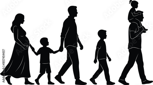 Happy family silhouettes including pregnant mother father and children walking together isolated on white background for life and parenting concepts,