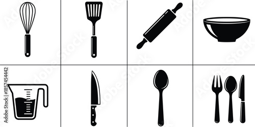 Set of kitchen utensils icons and cooking tool silhouettes flat vector illustration isolated on white background for culinary restaurant design,