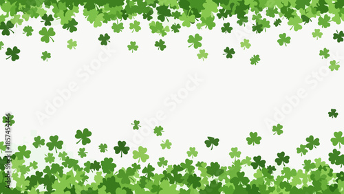 A festive St. Patrick's Day background with a scattering of green shamrocks on a white backdrop.