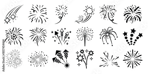 Collection of black line fireworks and shooting stars white celebration explosion