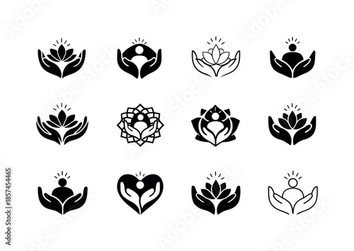 Therapeutic Touch Logos. Therapeutic touch. Icon set. Set Logo of therapeutic touch: holistic touch symbol. harmonious logo variations: Iconic shape, Negative
