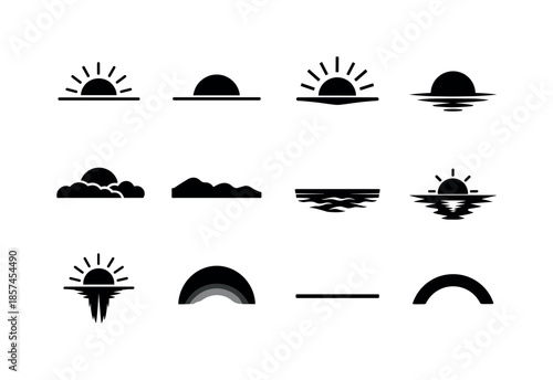 Sunrise and Sunset Icons. Sunrise and sunset. Solid icon set of horizon moments: rising sun, setting sun, horizon line, sun rays, morning glow, dusk glow,