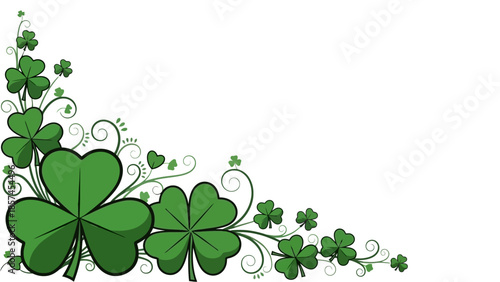 A decorative corner design featuring vibrant green shamrocks and swirling vines, perfect for St. Patrick's Day or Irish-themed celebrations.