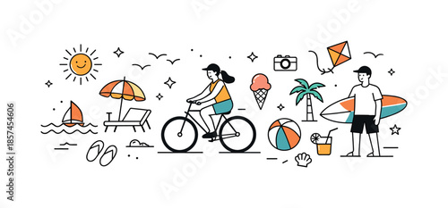 Summer Vibes Banner. Seasonal Banner Flat Design ? Summer Energy. A relaxed summer scene with sun icons, waves, or outdoor activity elements spread evenly