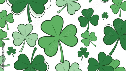 A seamless pattern of various green shamrocks and clover leaves on a white background, perfect for St. Patrick's Day.